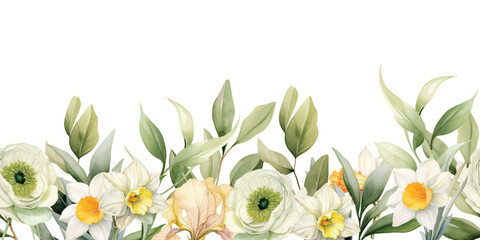 Watercolor flowers seamless border with colorful leaves branches wildflowers illustration elements