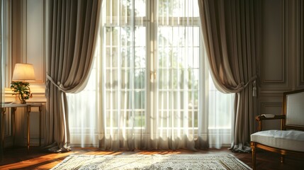 Wall Mural - A Closer Look at the Sophisticated Interior of a Room with Grand Windows and Flowing Curtains