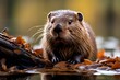 european beaver engages in wood gnawing wood chips