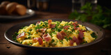 Fototapeta Dinusie - Scrambled eggs with bacon and parsley