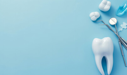 Pastel blue postcard with a white fake tooth, concept of dentistry, dental care and international dentist day celebration with copyspace for text	

