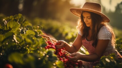 Wall Mural - A Young Beautiful Woman Farmer Is Working in the Garden, Picking Strawberries in a Fruit Farm, Berry Plantation. Harvest, Agriculture, Organic Products, Gardening concepts.