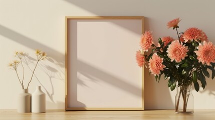 Wall Mural - Square wooden frame with orange chrysanthemum in clear vase glass over a brown wooden table on a beige background. mockup Scandinavian interior design