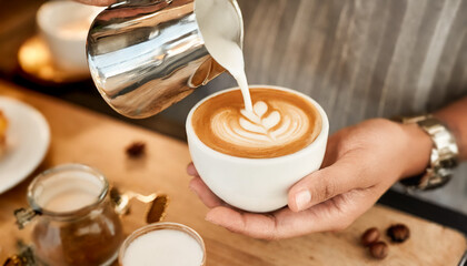 Diligent barista is prepairing fresh latte for customers for coffee break at caffeteria.
