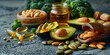 Selection food sources of omega 3 and unsaturated fats,vegetable sources of omega-3 acids. Balanced diet concept. Avocado, nuts, oils on wooden.
