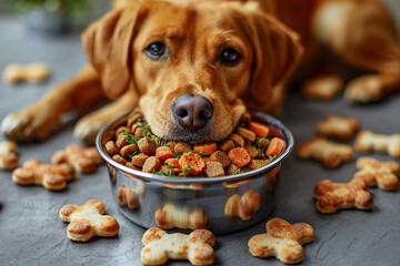 Wall Mural - Close-up of a dog and a pile of food in a stainless steel food container. The concept of cute pet gestures.