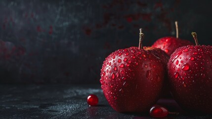 Wall Mural - Water droplets enhancing the rich red of apples on a dark backdrop. Nature's bounty displayed in moist red apples. The vibrant hue of red apples with water beads in close-up.