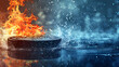 Explosive Ice Hockey Puck: Dynamic Action Shot, Fire and Water Elements Collide, Intense Sporting Moment, Frozen Game On Ice Rink, Fiery Competition, Generative Ai


