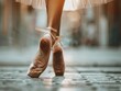 Close-up of a ballet dancer's feet in pointe shoes on a cobblestone street, with the backdrop of an urban setting softly blurred