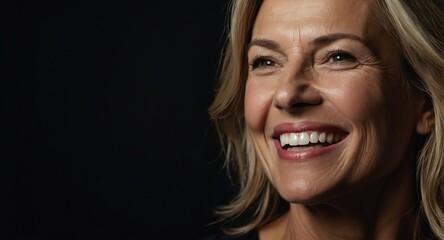 Wall Mural - Portrait of attractive beautiful model middle aged woman optimistic happy laughing on plain bright black background from Generative AI