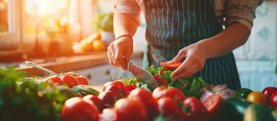 Wall Mural - women cooking with fresh vegetables. healthy vegetarian concept background. 