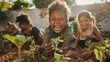 multicultural children in the school yard they are sowing a few seeds, planting a few plug plants together in the school 