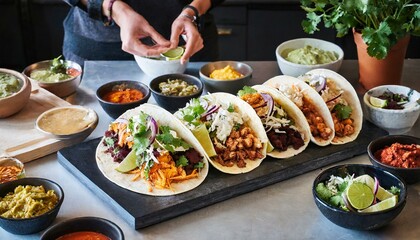 a diy taco bar with an assortment of fillings and toppings, inviting viewers to build their own taco