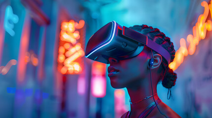 African-American young woman in vr glasses watching 360 degree video with a virtual reality headset neon lights. Gaming in the metaverse