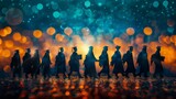 Fototapeta  - A group of silhouetted students wearing graduation caps and gowns, captured against a backdrop of vibrant, bokeh lights. Graduation concept.