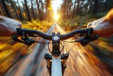 Fototapeta  - Bicycle Ride in the Park: POV Perspective with Sunlight Background. Generative ai