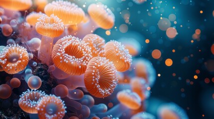 A macro view of bacteria that resemble coral or sea anemones, with intricate details and structures, illuminated in a bioluminescent manner