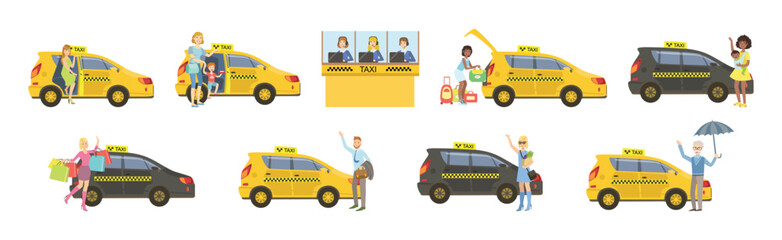 Poster - People Character at Taxi Car Use Urban Transport Vector Set