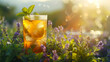 An alluring glass of iced tea with mint highlighted by the vivid glow of the sunset in nature