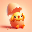 3D funny chick cartoon, in a broken eggshell. Fun animals for children's illustrations. AI generated
