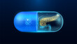 © Adisak - Microchip pancreas interface in capsule blue luminous. Smart digital pills in health care alternative. Medicine futuristic. Pharmaceutical and scientific medical technology concept. Vector.