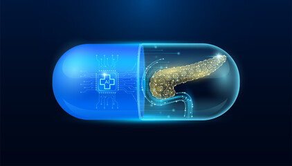 Wall Mural - Microchip pancreas interface in capsule blue luminous. Smart digital pills in health care alternative. Medicine futuristic. Pharmaceutical and scientific medical technology concept. Vector.