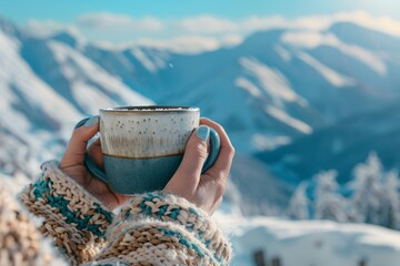 Wall Mural - Hands woman holding hot drink cup relaxes in winter season with mountain view background.