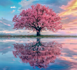 Large sakura tree with reflection