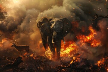 Majestic elephant or swift deer escaping a raging forest inferno surrounded by intense flames and smoke