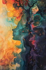 Wall Mural - abstract cosmic artwork with vibrant orange and deep blue hues, ideal for backgrounds and space-them