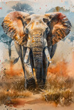 Fototapeta Dziecięca - Watercolor painting of an African elephant with a textured, splattered background, ideal for wildlife conservation themes and artistic posters