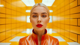 Fototapeta Motyle - A woman in a red jacket stands in front of a yellow wall. She is wearing red lipstick and has her hair pulled back. The image has a bold and confident mood, with the woman's outfit