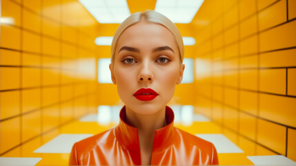 Sticker - A woman in a red jacket stands in front of a yellow wall. She is wearing red lipstick and has her hair pulled back. The image has a bold and confident mood, with the woman's outfit