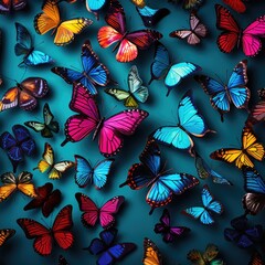 fantastic background with butterflies on a blue background. bright, colorful insects. the concept of