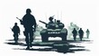 © Christian Bunge - simple vector icon of soldiers an tanks, white background, concept: war, copy space, 16:9