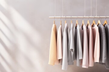 Pastel-colored sweaters hanging on hangers. Minimalist apparel display, white wall background