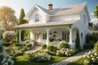 Cozy White House in a Green Blooming Garden.