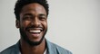 Portrait of attractive handsome black african model guy optimistic happy laughing on plain bright white background from Generative AI