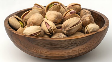 Wall Mural - Fresh unshelled pistachios in a wooden bowl on a white background. nutritious snack, natural food, healthy diet concept. AI