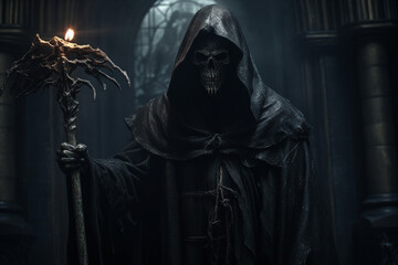 Poster - Digital generative ai collage image of dark humanoid creature in black cloak doing death spell summon
