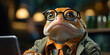 Frog with glasses intensely focused on laptop screen