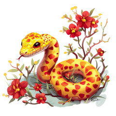 Wall Mural - concept art of a cute chinese snake. Red and yellow color scheme,flowers, white background PNG