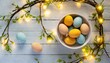 easter eggs in a nest with lights
