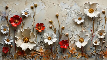 Oil textured 3d painting of spring flowers on canvas. Beautiful abstract white and beige flowers. Macro impasto painting...