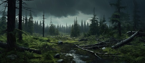 Wall Mural - a dense forest of towering trees with a winding stream cutting through, under a cloudy sky. the natu