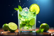 Indulge in the zesty allure of our lime mojito glass stock photo. Perfect for cocktail aficionados .showcases the tantalizing freshness of lime, paired with mint and ice for a refreshing visual treat.