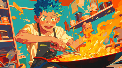 Poster - anime chef cooking in restaurant kitchen with big fire