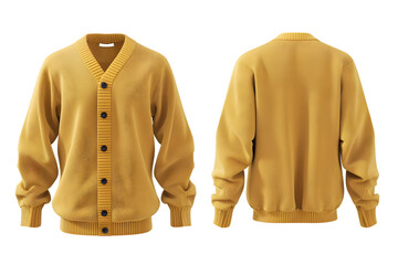 Front and back view of a lemon yellow basic cardigan template. Button-down front and soft knit, mockups for design and print, isolated on a white or transparent background. 