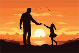 Fototapeta Pokój dzieciecy - Father and little daughter playing silhouettes, Father playing with daughter on sunset, Silhouette of a little girl and dad sunset background
