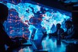Global Business Meeting with Virtual World Map. Professionals in a digital global meeting with a holographic world map.